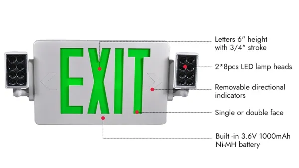 JLECD2GW/JLECD2RW LED Exit Sign/Emergency Light Combo (Green/Red Letters)