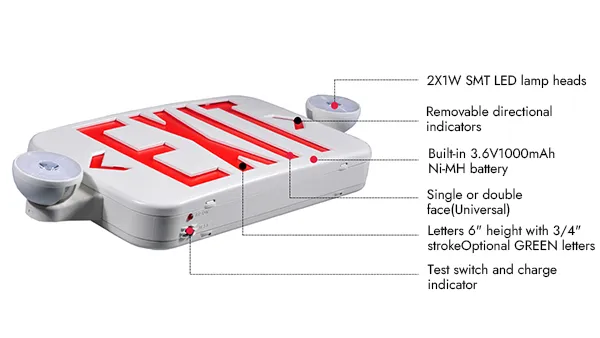 JLECE2GW/JLECE2RW Compact LED Exit Sign/Emergency Light Combo (Green/Red Letters)